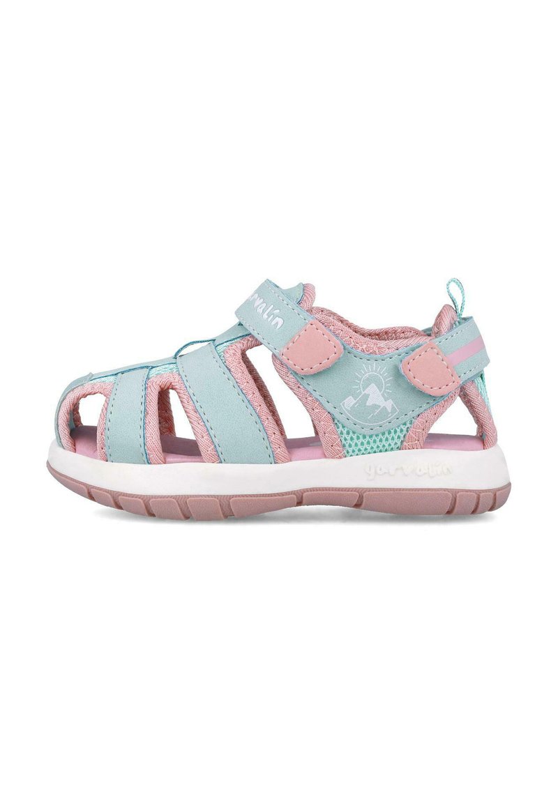 Las sandalias para niños en azul claro y rosa presentan un diseño abierto, correas ajustables, malla transpirable y una suela de goma resistente.