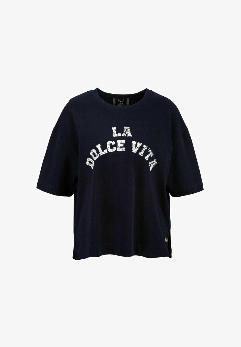Navy blue oversized t-shirt made of cotton, featuring "LA DOLCE VITA" in white text across the front, with short sleeves and side slits.