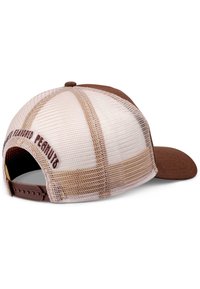 Brown cap with a mesh back and structured front. Features stitching accents and an adjustable strap. Model displays a semi-structured design.