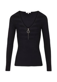 Schwarzer Pullover mit langen Ärmeln und V-Ausschnitt, versehen mit einem Frontreißverschluss und rundem Zug, gerippter Textur und horizontalem Streifenmuster.