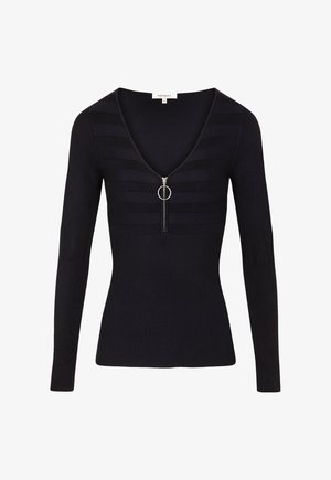Czarny sweter z długim rękawem i dekoltem w kształcie litery V, z zamkiem błyskawicznym z przodu i okrągłym uchwytem, wykończony teksturą prążkowaną oraz poziomym wzorem w paski.