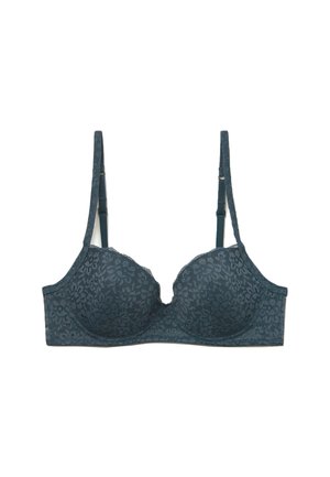 Soutien-gorge en dentelle teal avec bonnets rembourrés et bretelles réglables. Présente un design à bord festonné et des motifs floraux sur l'ensemble.