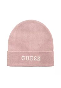 Bonnet rose en tissu doux avec un revers roulé. Présente un subtil logo "GUESS" brodé en blanc à l'avant.