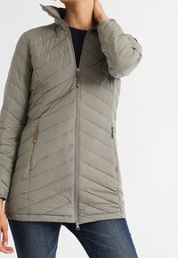 Lightweight, olive green, quilted jacket with a high collar, front zip, and side pockets. Features diagonal stitching pattern.