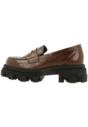 Brown patent leather slip-on shoe with a thick black rubber sole featuring prominent lugs for traction. Smooth texture and minimalist design.