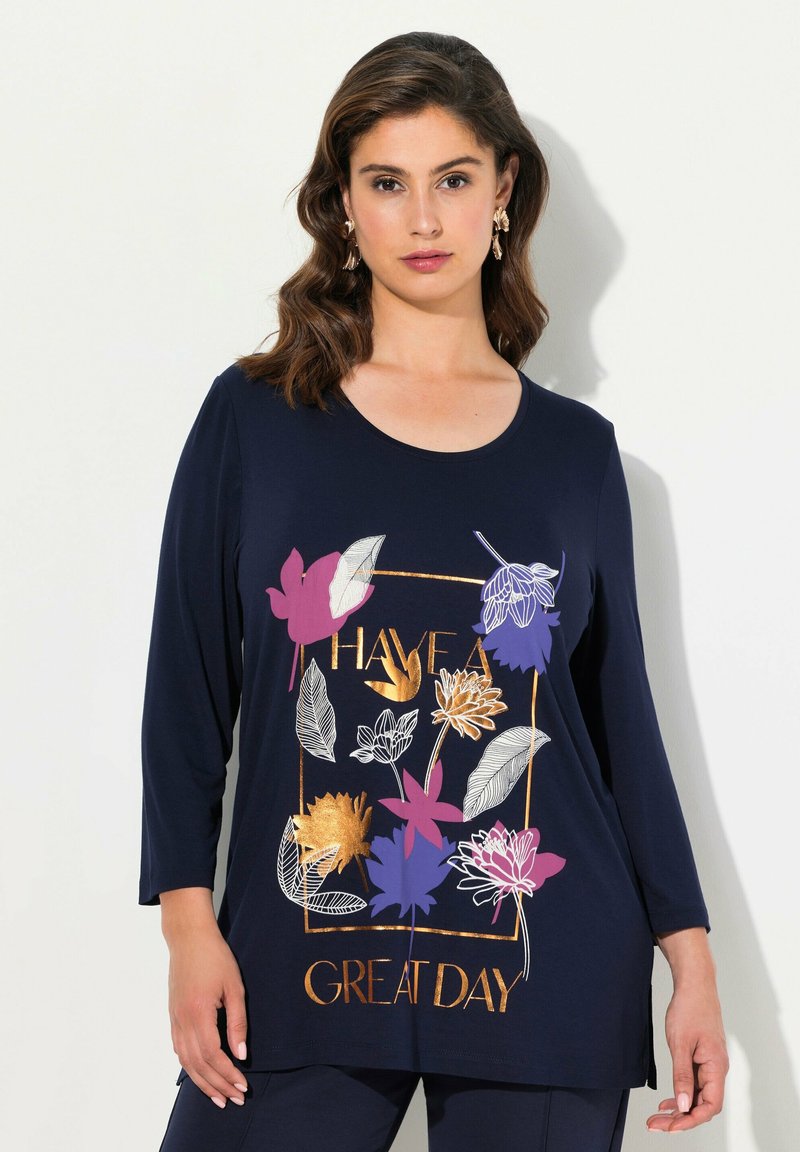 Ulla Popken FLORAL GRAPHIC 3/4 SLEEVE - Triko s potiskem - navy blue
