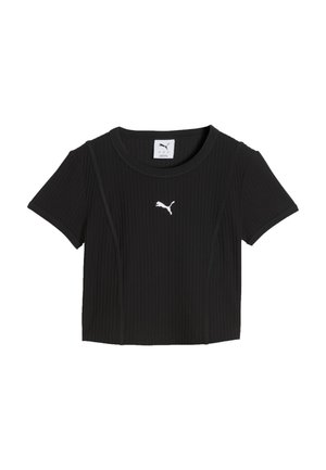 Sort kortærmet ribbet crop top med rund halsudskæring og hvid Puma-logo midt på brystet.