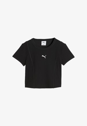 Sort kortærmet ribbet crop top med rund halsudskæring og hvid Puma-logo midt på brystet.