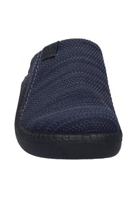 Navy blue knitted slip-on shoe with a textured finish, black rubber sole, and a small logo tag on the upper side.