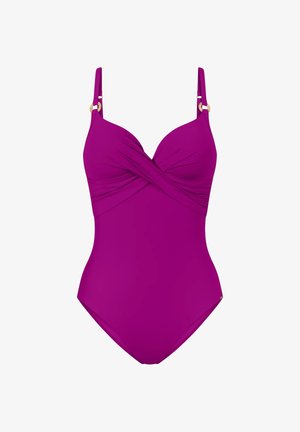 Magenta jednoczęściowy strój kąpielowy z skręconym przodem, regulowanymi ramiączkami i złotymi pierścieniami jako ozdobami na ramiączkach.