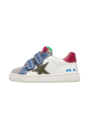 White children's sneaker with blue straps, gray toe, green star on side, red heel, green tongue detail, and blue "NTR-74" text on sole.