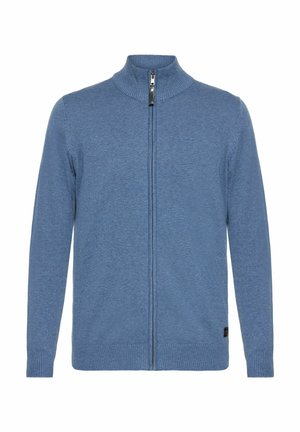 Modra zip-up jopica z visokim ovratnikom, rebrastimi manšeti in robom. Narejena iz mehkega teksturiranega blaga, ki ima subtilen heather učinek.