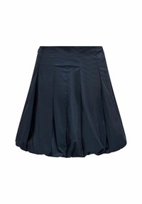 Námornícky modrá sukňa s plisovaním, vyrobená z hladkej látky s jemným leskom, rozšíreného strihu a s pásom na nastavenie veľkosti.