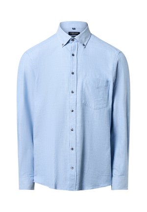 Hellblaues langärmliges Hemd mit Knopfleiste aus strukturiertem Stoff. Verfügt über einen button-down Kragen, eine Brusttasche und dunkle Knöpfe.