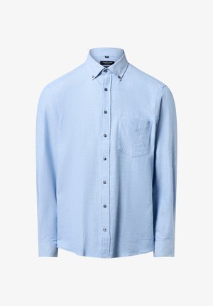 Light blue long-sleeve button-up shirt made of textured fabric. Features a button-down collar, chest pocket, and dark buttons.