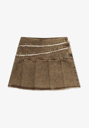 Brown velour skirt with three horizontal ruffles embellished with fringe. Features a pleated design and a small logo on the bottom right corner.