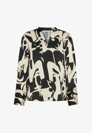 Black and cream patterned blouse with a V-neck, long sleeves, and a smooth, shiny fabric. Abstract designs cover the front and back.