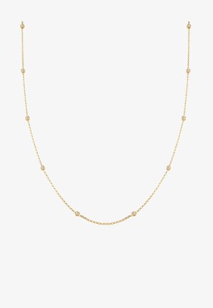Złoty naszyjnik z łańcuszka z równomiernie rozmieszczonymi okrągłymi akcentami; ogniwa są delikatne, o gładkiej teksturze i subtelnym połysku.