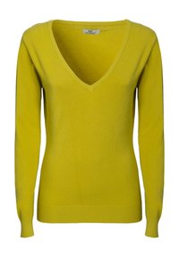 Maglione giallo a V con maniche lunghe, realizzato in un materiale morbido, con polsini e orlo a coste per un look aderente.
