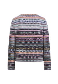 Maglione lavorato a maglia colorato con motivi, caratterizzato da strisce orizzontali nelle tonalità di rosa, blu, nero e giallo. Maniche lunghe e scollo rotondo.