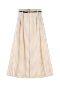 Gonna plissettata color crema, lunga fino al ginocchio, con righe verticali blu navy, dotata di una cintura con doppi fermagli. Tessuto leggero.