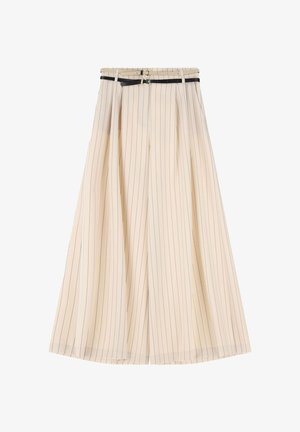 Gonna plissettata color crema, lunga fino al ginocchio, con righe verticali blu navy, dotata di una cintura con doppi fermagli. Tessuto leggero.