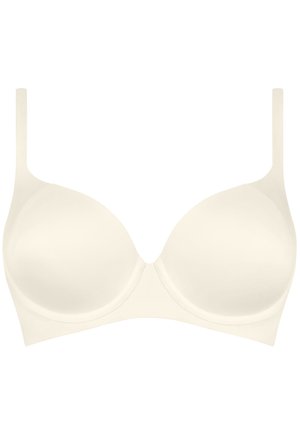 Sostenitore color crema con coppe imbottite, spalline larghe e design senza cuciture. Realizzato in tessuto liscio, presenta una forma semplice e moderna.