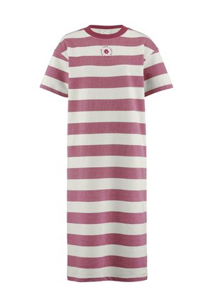 Gestreiftes Midi-Kleid aus weicher Baumwolle mit abwechselnd rosa und weißen Streifen, kurzen Ärmeln und einem runden Halsausschnitt mit Logo-Detail.