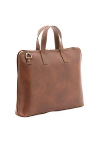 Mallette en cuir marron avec deux poignées, fermeture éclair ton or, et un petit anneau métallique sur un côté pour accrocher des accessoires.