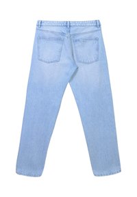 Jean en denim bleu clair avec une finition délavée, design à cinq poches et style droit. La taille est dotée de passants de ceinture et d'un ourlet propre.