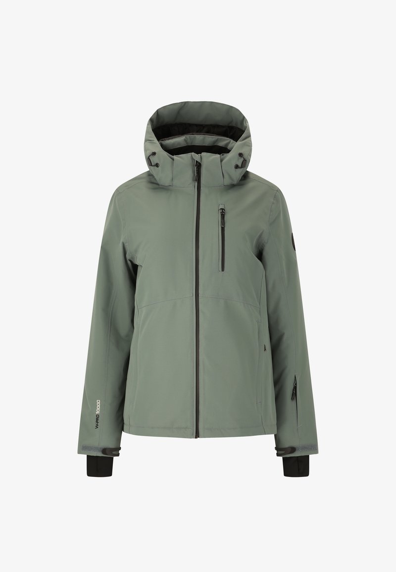 Windproof green jacket with a hood, zippered pockets, elastic cuffs, and adjustable hem, made from smooth, water-resistant material.