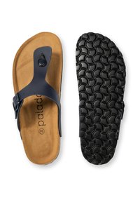 Infradito blu navy con soletta in sughero moldato, cinturino regolabile e suola in gomma nera testurizzata con un motivo circolare.