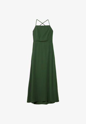 Robe maxi sans manches de couleur vert foncé, avec une taille cintrée, une jupe fluide et des bretelles entrecroisées dans le dos. Tissu lisse et léger.