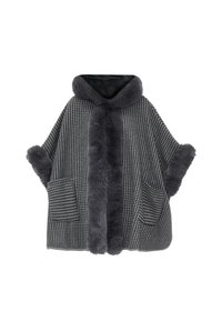 Poncho dengan pola houndstooth yang dilengkapi dengan trim bulu palsu abu-abu. Memiliki lengan lebar, kerah syal, dan dua saku depan. Tekstur nyaman dan hangat.
