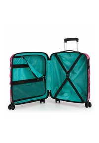 Valigia rigida con design floreale rosa, interno turchese, scomparti con cerniera e cinture elastiche per un confezionamento sicuro. Include una maniglia retrattile.