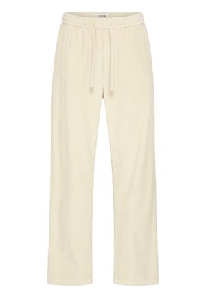 Pantalones de color crema con textura de gofre, con cinturilla elástica y cordón, que presentan piernas rectas y dobladillos cosidos.