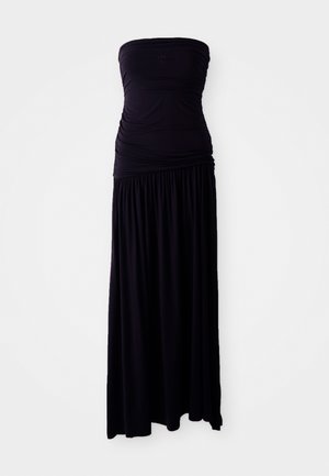 Zwarte strapless maxi-jurk van zachte, rekbare stof, met plooidetails bij het bovenlijf en een vloeiende rok. Glad oppervlak overal.
