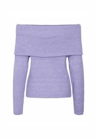 Maglione lavanda off-the-shoulder, texture a coste, maniche lunghe, vestibilità aderente, materiale morbido a maglia, design senza cuciture, dettagli minimi.