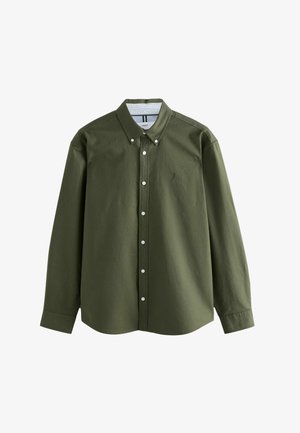 Camicia a maniche lunghe verde oliva con colletto a pulsante, bottoni frontali e un piccolo logo ricamato. Tessuto morbido con design strutturato.