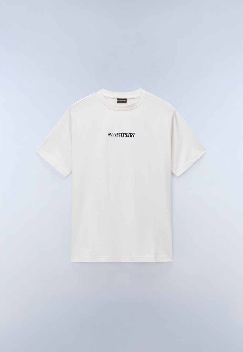 Λευκό βαμβακερό κοντομάνικο μπλουζάκι με μαύρο λογότυπο κειμένου "Napapijri" στο κέντρο του στήθους.