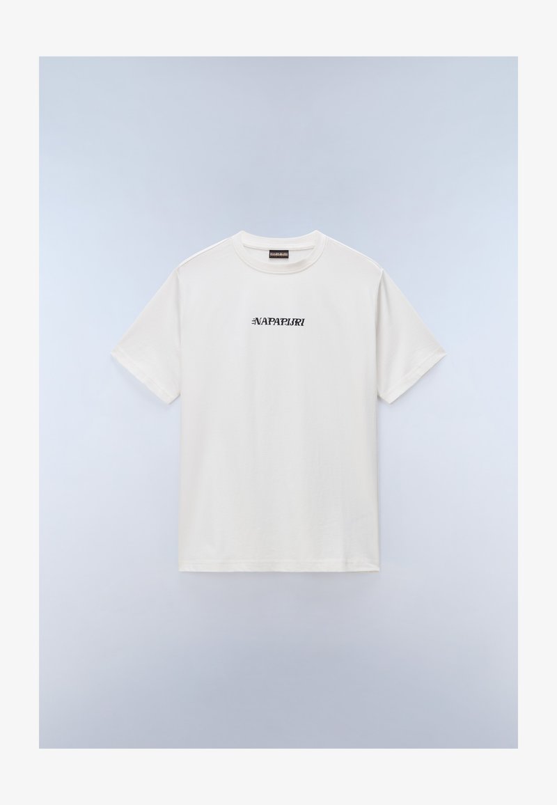 Λευκό βαμβακερό κοντομάνικο μπλουζάκι με μαύρο λογότυπο κειμένου "Napapijri" στο κέντρο του στήθους.