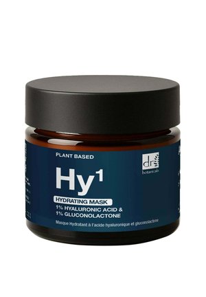 Ciemny bursztynowy słoik z czarną pokrywką oznaczony jako roślinna maska nawilżająca Hy1 z 1% kwasu hialuronowego i 1% glukonolaktonu od dr botanicals.