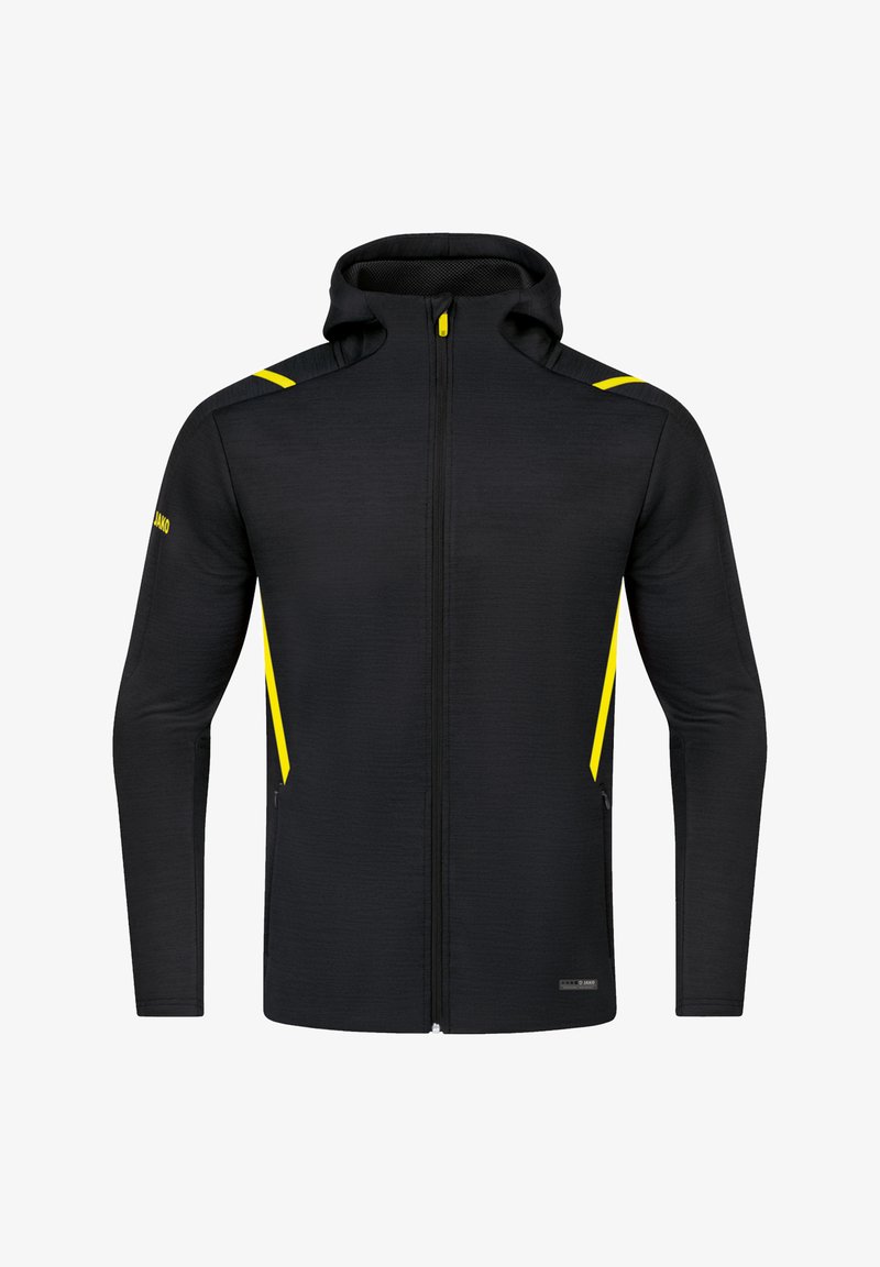 Schwarze ZIP-Jacke mit Kapuze; mit gelben Akzenten an den Schultern und Seiten; aus strukturiertem Stoff; schlankes, modernes Design.