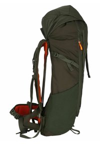 Mochila de senderismo verde oscuro con acentos naranjas, respaldo acolchado, diseño de malla, correas ajustables y una forma aerodinámica para mayor comodidad.