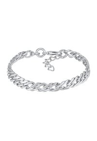 Bracelet en chaîne argenté avec des maillons entrelacés, doté d'une texture lisse et d'une fermeture à fermoir lobster pour un ajustement réglable.