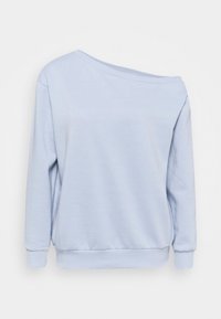Sudadera de un azul claro, con los hombros al descubierto y mangas largas. Hecha de una tela suave, cuenta con un cuello y puños acanalados, y un corte relajado.