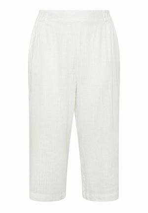 Pantalon blanc ample et court à taille élastique, fabriqué en tissu léger texturé.