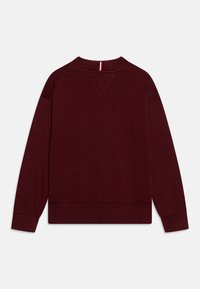 Pullover bordeaux con scollo rotondo a costine, maniche lunghe a raglan e un motivo a maglia testurizzato. Orlo dritto.