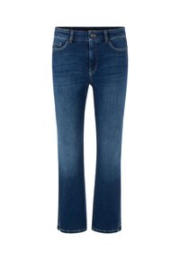 Dunkelblaue Denim-Jeans mit tailliertem Sitz, fünf Taschen und geradem Beinverlauf. Der Stoff verfügt über einen leichten Stretch und einen ausgebleichten Effekt.