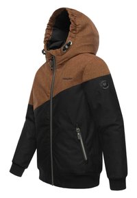Giacca cappuccio marrone e nera con zip, tasche laterali e tessuto testurizzato con un design a blocchi di colore.